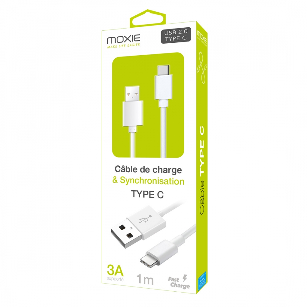 Câble Data MOXIE USB-A 2.0 Réversible vers USB Type-C Blisté