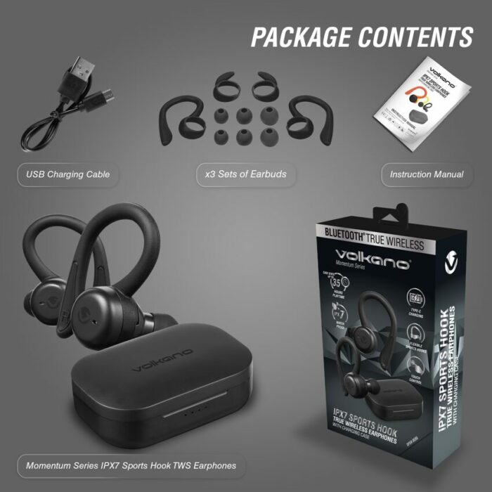 ÉCOUTEUR VOLKANO Momentum IPX7 Sports Hook TWS – Image 2